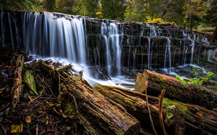 Waterfall cascading over rocks with fallen logs in foreground