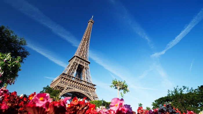 Eiffel Tower with Flowers and Blue Sky