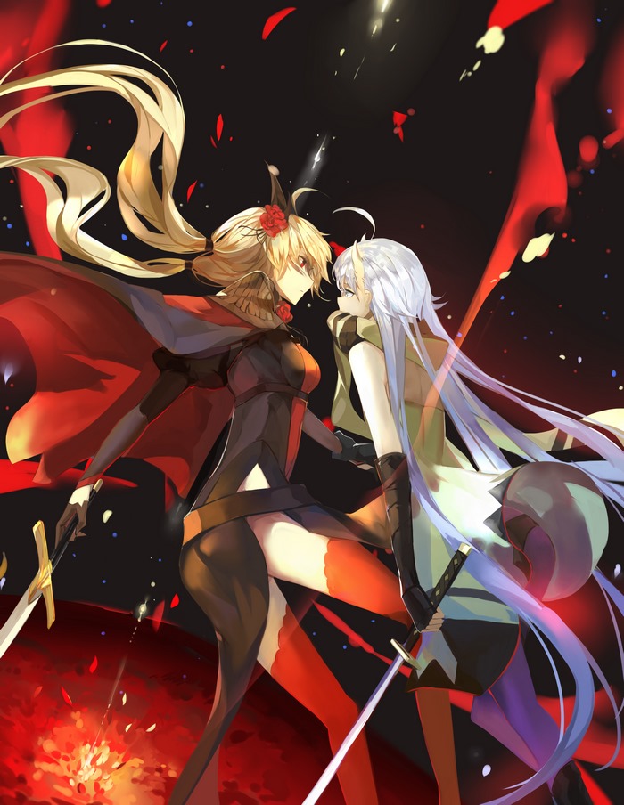Two anime girls with swords facing each other