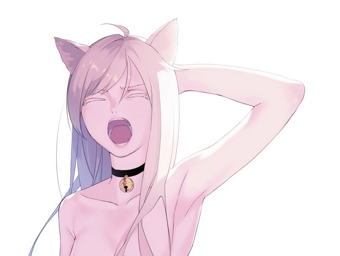 Anime girl with cat ears yawning