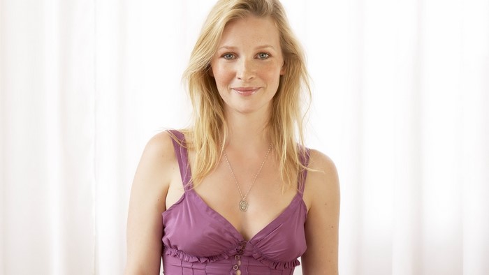 Joanna Page in Purple Dress with Gentle Smile