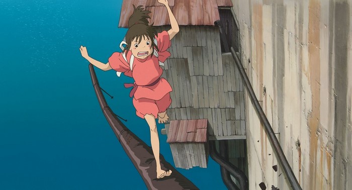 Chihiro from Spirited Away running on a wooden beam