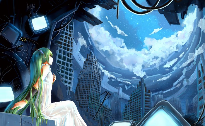 Hatsune Miku in a ruined futuristic city