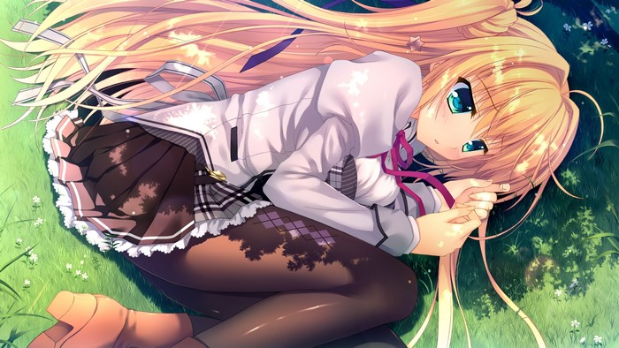 Anime girl with blonde hair lying in grass