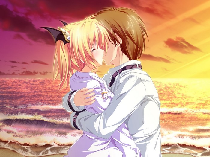 Anime couple kissing on a beach at sunset