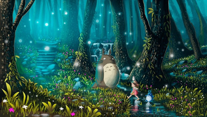 Totoro and Satsuki in a magical forest