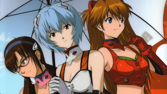 Asuka, Rei, and Mari from Neon Genesis Evangelion with umbrellas