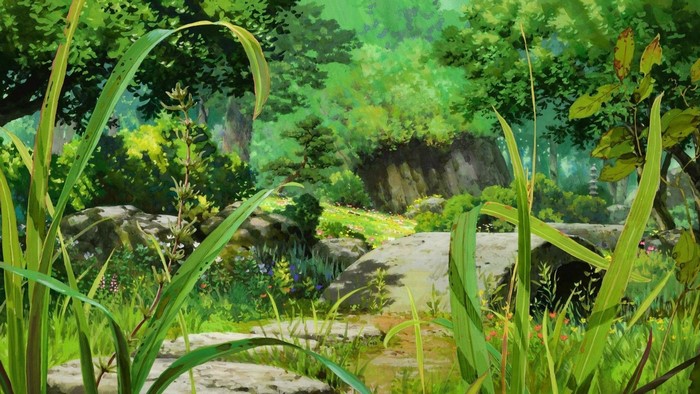 Anime forest with rocks and grass