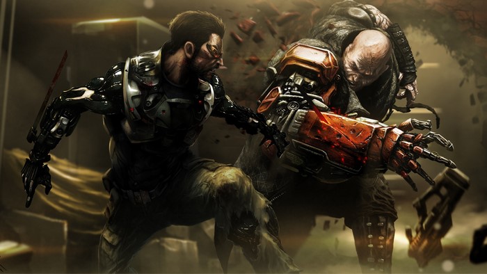 Adam Jensen fighting an augmented enemy in Deus Ex