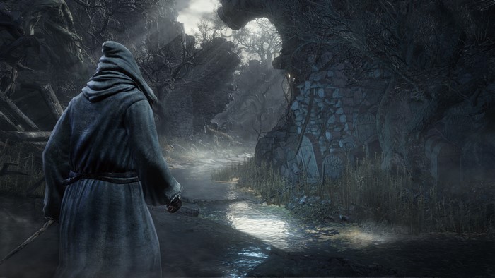 Dark Souls III character in a dark, misty forest
