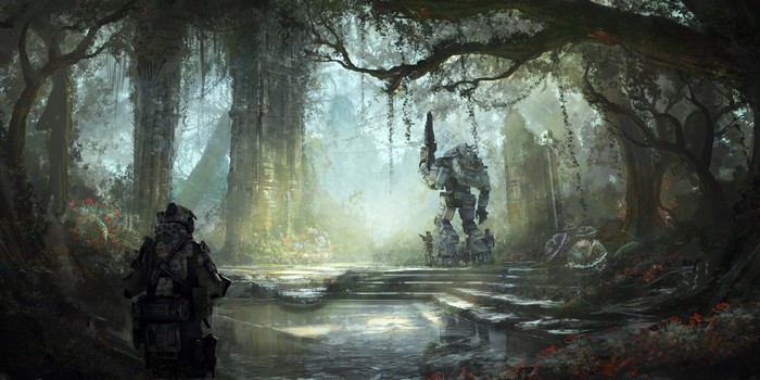Titanfall concept art of a pilot and titan in ruins