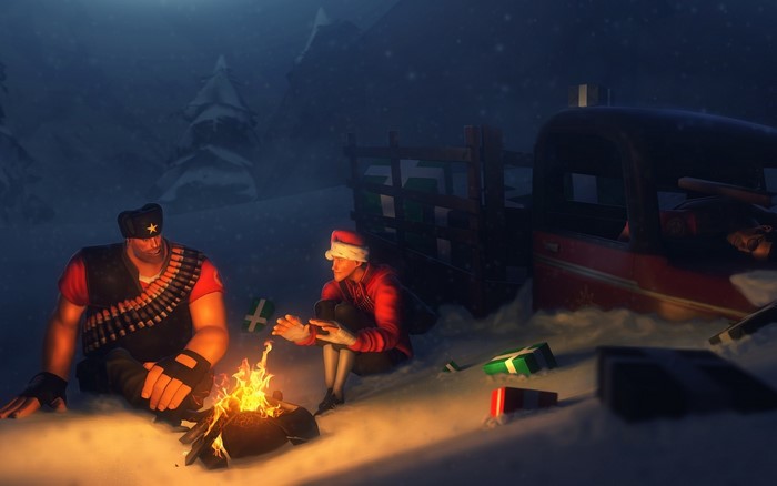 Team Fortress 2 characters by campfire in snow