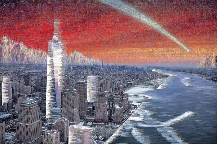 Glitch Art New York City Skyline with Comet