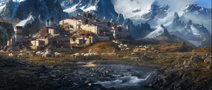 Mountain fortress with tents and a creek
