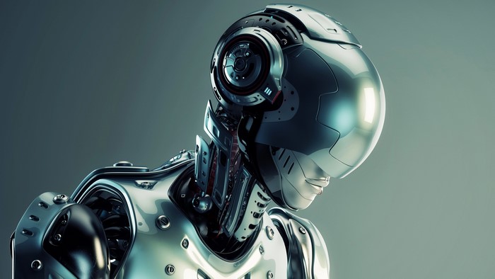 Close-up of a futuristic robot's head and torso