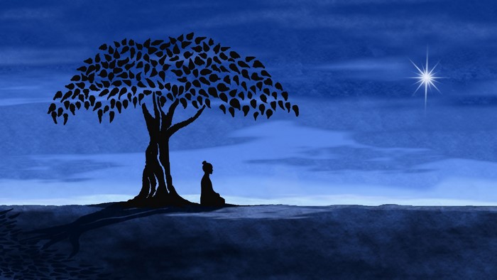 Silhouette of Buddha Meditating Under Tree at Night