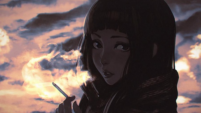 Girl smoking in front of cloudy sky by Ilya Kuvshinov