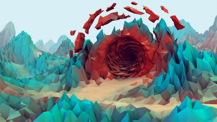 Low poly landscape with a red vortex
