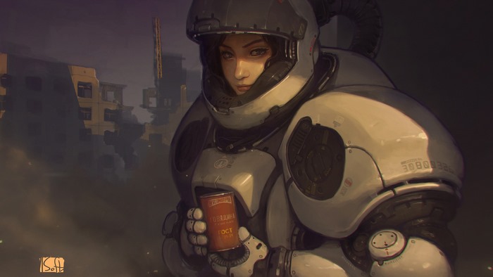 Woman in futuristic armor holding a can of food