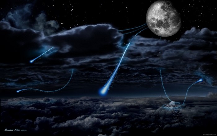 Digital art of night sky with moon, stars, and comets