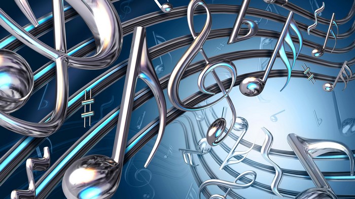 3D musical notes and treble clefs on blue background