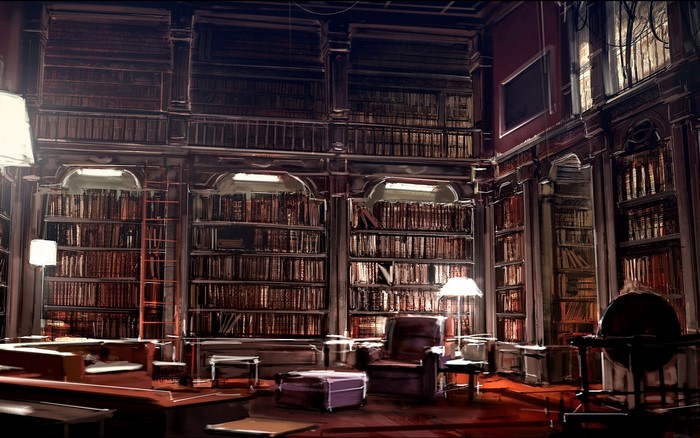 Library with tall bookshelves and reading chair
