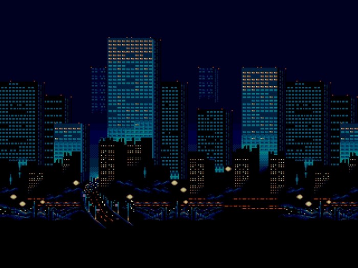 Pixel art cityscape at night with glowing windows