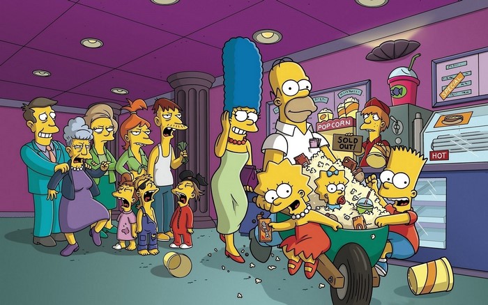 The Simpsons family at a movie theater concession stand