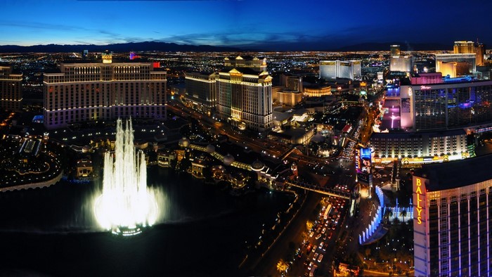 Las Vegas Strip cityscape with Bellagio fountains at night