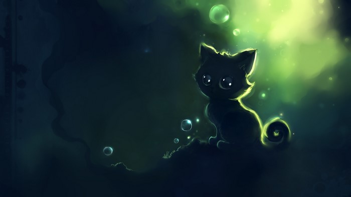 Black cat with glowing outline and bubbles