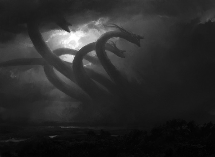 Three-headed dragon emerging from dark clouds