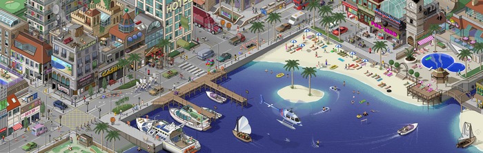 Isometric pixel art city with beach and harbor