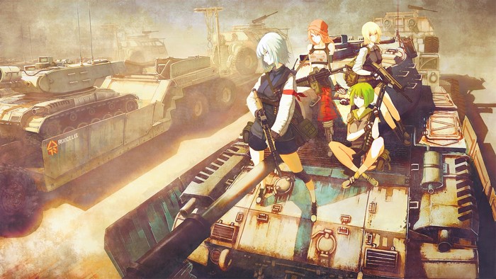 Anime girls with guns on military tanks