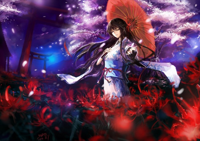 Anime girl in kimono with umbrella among red spider lilies