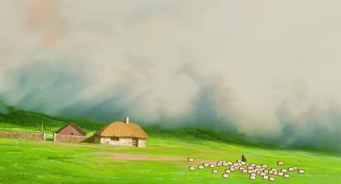 Howl's Moving Castle: A pastoral scene with a cottage and sheep