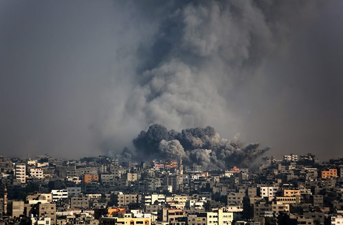 Explosion and smoke over Gaza, Palestine