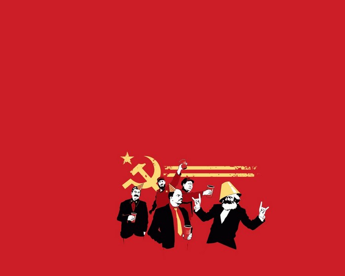 Communist leaders celebrating with party hats and drinks