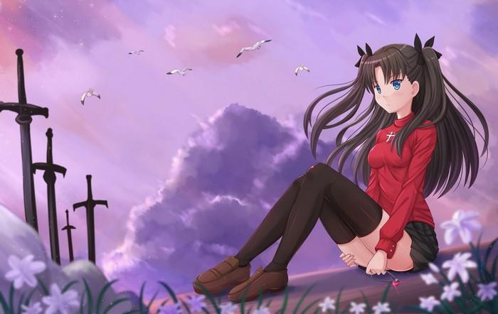 Rin Tohsaka from Fate/stay night sitting outdoors