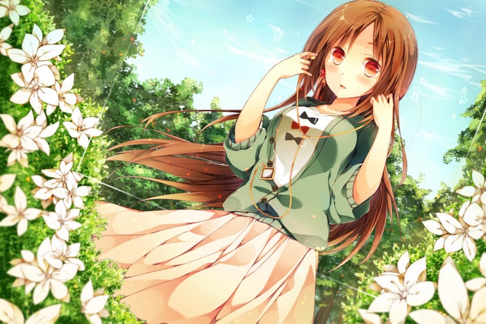 Anime girl with headphones in a garden
