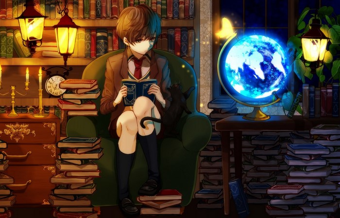 Anime boy reading in a library with a cat and globe