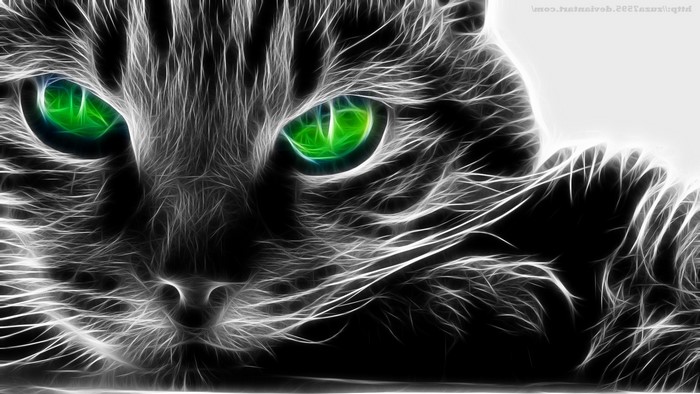 Fractalius cat with glowing green eyes