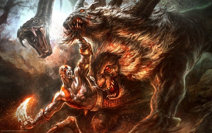 Kratos fighting a chimera and a snake