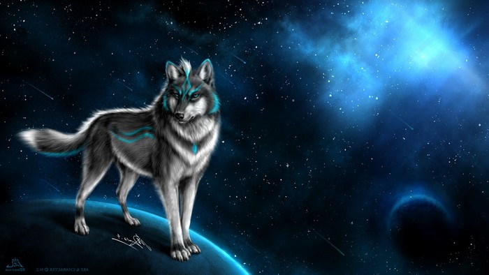 Fantasy wolf with blue markings in space