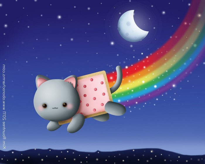 Nyan Cat flying through the night sky with a rainbow