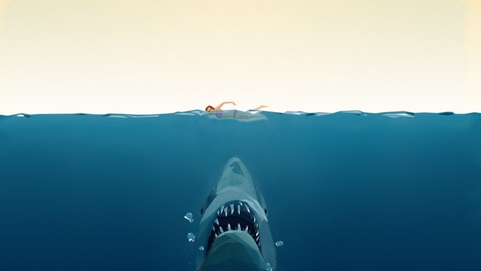 Shark attacking swimmer in split view