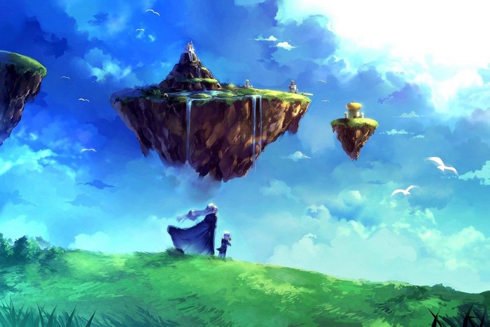 Floating islands with waterfalls and castles in the sky