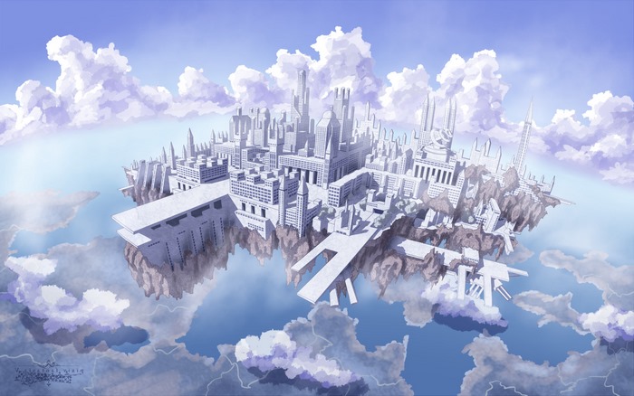 Floating island city in the sky with clouds