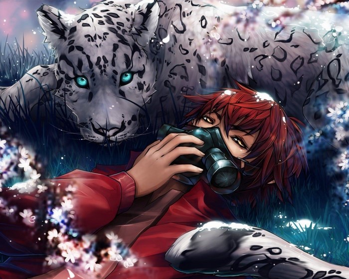 Anime boy with gas mask and snow leopard