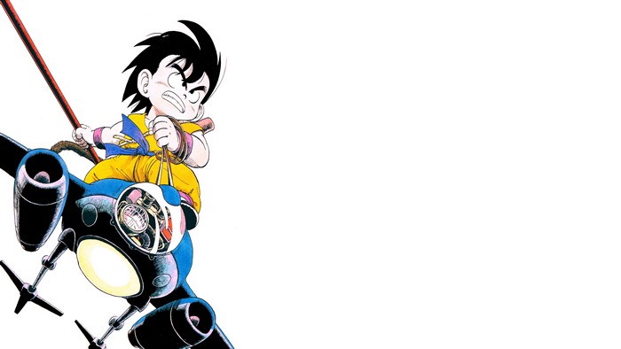 Kid Goku from Dragon Ball riding a futuristic vehicle