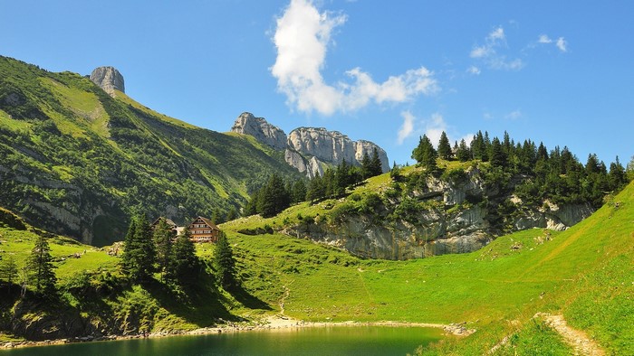 Scenic Mountain Lake and House in Switzerland